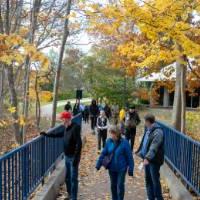 Alums walking on the Allendale Campus.